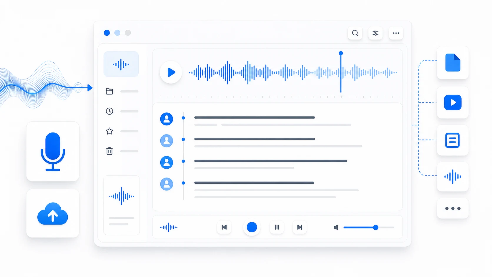 Muse Voice speech to text workspace showing a timestamped transcript ready to edit
